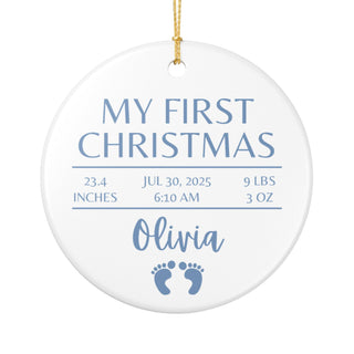 Baby’s first Christmas personalized ornament — custom ceramic keepsake with name and date for new parents.