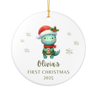 custom little donosaurus baby ornament featuring cute cartoon dinosaur with santa hat, ceramic christmas decoration for newborn gift