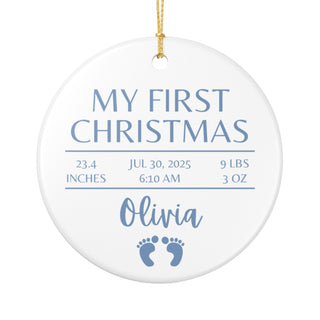 Baby’s First Christmas birth stats ornament in blue – personalized ceramic keepsake