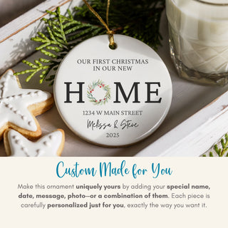 Custom made first Christmas in new home ornament — add family name, year, or address for a meaningful keepsake.
