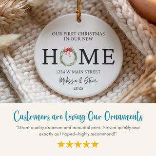 Customer review describing the personalized new home ornament as high-quality, elegant, and a perfect first Christmas gift.