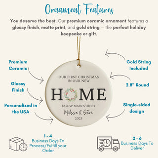Premium ceramic ornament with glossy finish and detailed wreath design; personalized with address or family name.