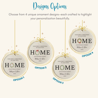 Design options featuring different wreath and house designs for personalized first Christmas in new home ornaments.