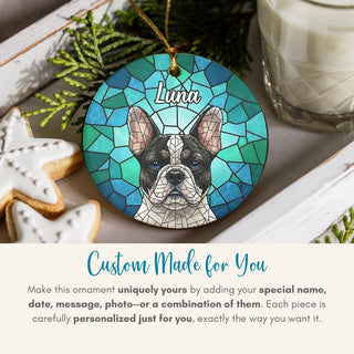Mosaic dog ornament with 'Luna' on a table with cookies and milk.