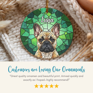 Decorative ornament with a dog's face design and the name 'Luna' on a textured surface.