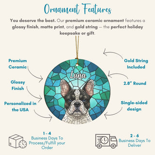 Ceramic ornament with a dog design and product features listed on a white background