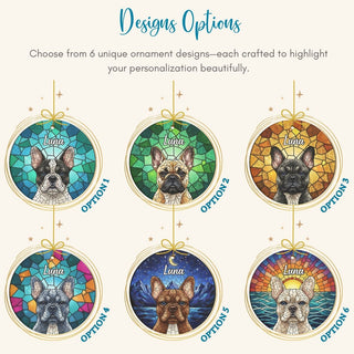 Six unique ornament designs featuring a dog named Luna with different color schemes and backgrounds.