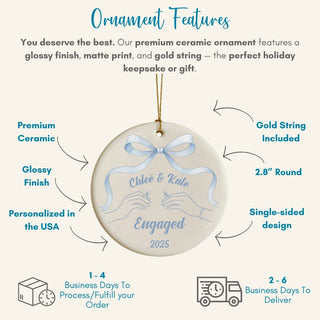 Premium ceramic engagement ornament with glossy finish and blue ribbon; perfect gift for engaged or newlywed lesbian couples.