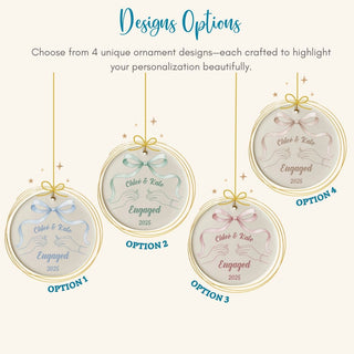 Design options featuring different ribbon colors and ring exchange illustrations for personalized two brides ornaments.