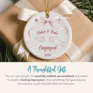 Thoughtful engagement or first Christmas gift for lesbian couples — a personalized ornament that celebrates their love story.