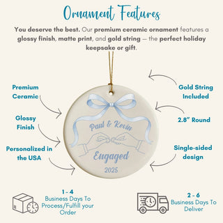 Premium ceramic ornament with glossy finish and blue ribbon; durable, elegant, and ideal for celebrating engagements or weddings.