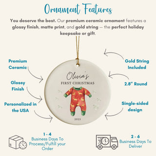 Ceramic ornament with text detailing features on a white background