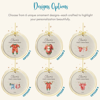 Six unique Christmas ornament designs with text 'Olivia's First Christmas' on a white background.
