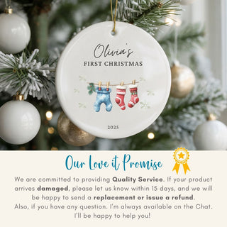 Decorative ornament for 'Olivia's First Christmas 2023' on a Christmas tree with promotional text below.