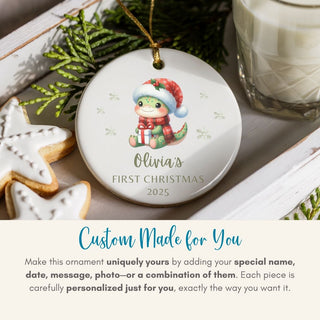 Personalized Christmas ornament with a frog wearing a Santa hat, surrounded by cookies and a glass of milk.