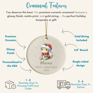 Ceramic ornament with a turtle design and text about features on a white background