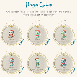 Six unique Christmas ornament designs with a baby reindeer and text on a light gray background.
