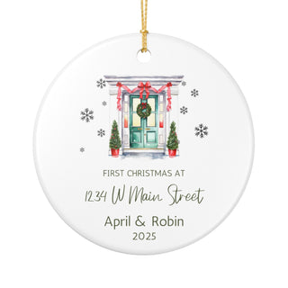 personalized new home christmas ornament with green door, red bows, wreath, and custom address for couple’s first christmas