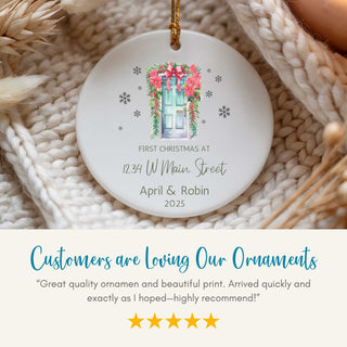 Personalized Christmas ornament with decorative text on a textured surface