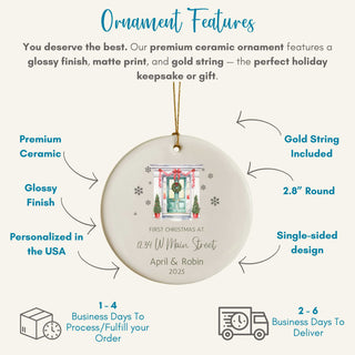 Ceramic ornament with text detailing features on a white background