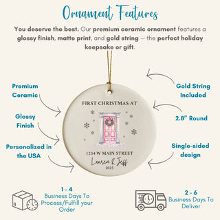 Premium ceramic ornament featuring a house door with wreath and snow details; personalized and made in the USA.