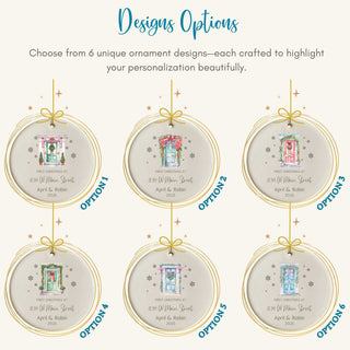 Six unique Christmas ornament designs with personalized text on a white background.