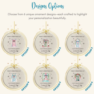Design options showing different door and wreath styles for personalized new home Christmas ornament; choose your favorite look.