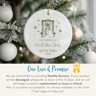 Personalized Christmas ornament with a festive design on a decorated tree, featuring 'Our Love it Promise' text below.