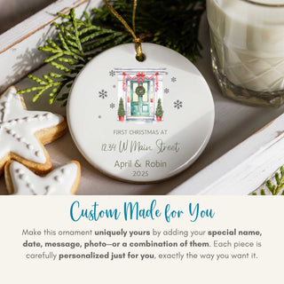 Personalized Christmas ornament with customizable text on a festive background with cookies and a glass of milk.