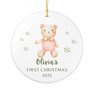 Personalized baby’s first Christmas ornament with watercolor baby toys design, custom ceramic keepsake with baby name and birth details.