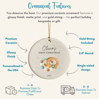 Ceramic ornament with elephant design and text, featuring features of the product.