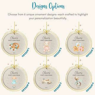 Six unique 'Olivia's First Christmas' ornament designs on a white background.