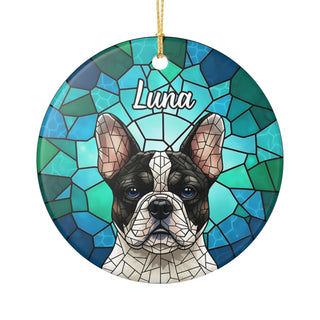 Personalized French Bulldog ornament in stained glass style, custom ceramic Christmas ornament for dog lovers.