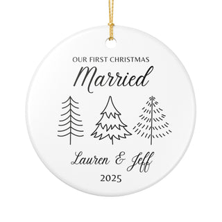 personalized first christmas married ornament with minimalist line art, custom couple names and year, round hanging decoration for couples, thoughtful wedding or christmas gift