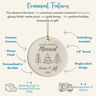 Ceramic ornament with 'Our First Christmas Married' text, gold string, and feature details on a white background.