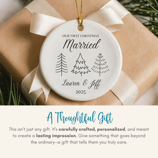 Personalized Christmas ornament on a wrapped gift with text 'Our First Christmas Married Lauren & Jeff 2025'.
