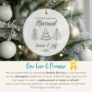 Personalized Christmas ornament with 'Our First Christmas Married' text on a decorated tree.