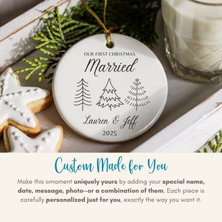 Personalized Christmas ornament with trees and text on a festive background