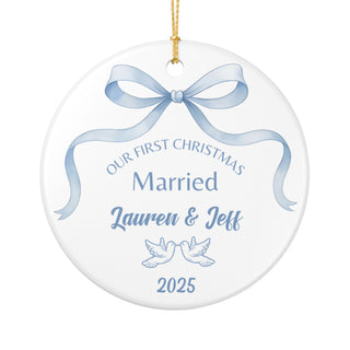 custom first christmas married ornament with ribbon bow illustration, personalized couple names, elegant minimalist design, wedding or christmas gift for couples