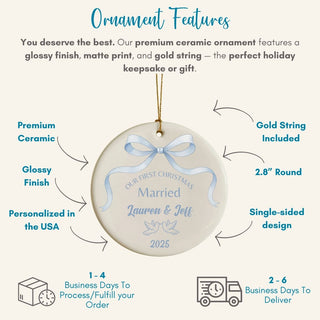 Ceramic ornament with blue bow and text, featuring features on a white background.