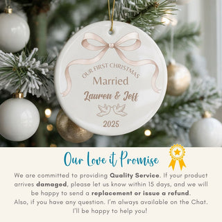 Personalized ornament for 'Our First Christmas Married' with engraved names and year, hanging on a decorated tree.