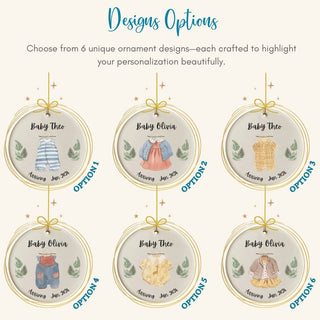 Six unique baby-themed ornaments with customizable text on a white background.