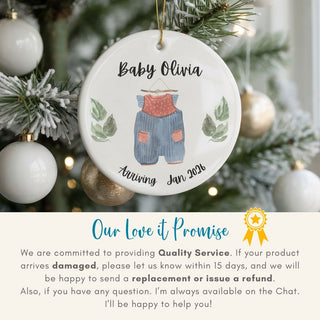 Personalized ornament with baby outfit illustration on a Christmas tree