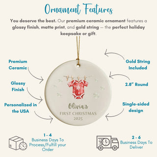 Ceramic ornament with baby onesie design and text, featuring features of the product on a white background.