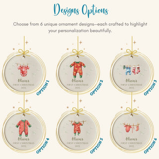 Six unique Christmas ornament designs for 'Olivia's First Christmas 2023' on a light gray background.