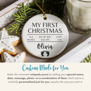 Personalized 'My First Christmas' ornament with baby details on a festive background.