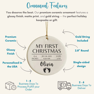 Ceramic ornament with 'My First Christmas' text and baby details, featuring gold string and glossy finish.