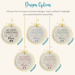 Five circular ornaments with 'My First Christmas' text and baby details on a white background.