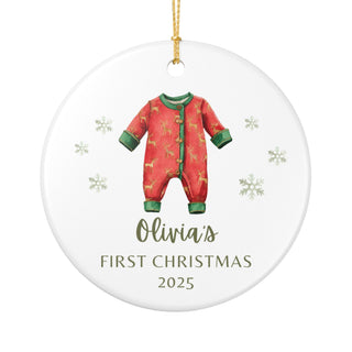 personalized ceramic ornament featuring baby Christmas outfit hanging on a clothesline with snowflakes, holiday baby keepsake decoration