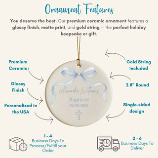 Ceramic ornament with personalized text and features listed on a white background